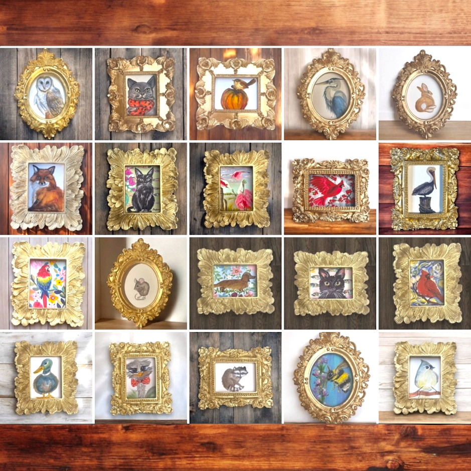 mini paintings & prints in vintage style ornate frame, mini art, birds & animals