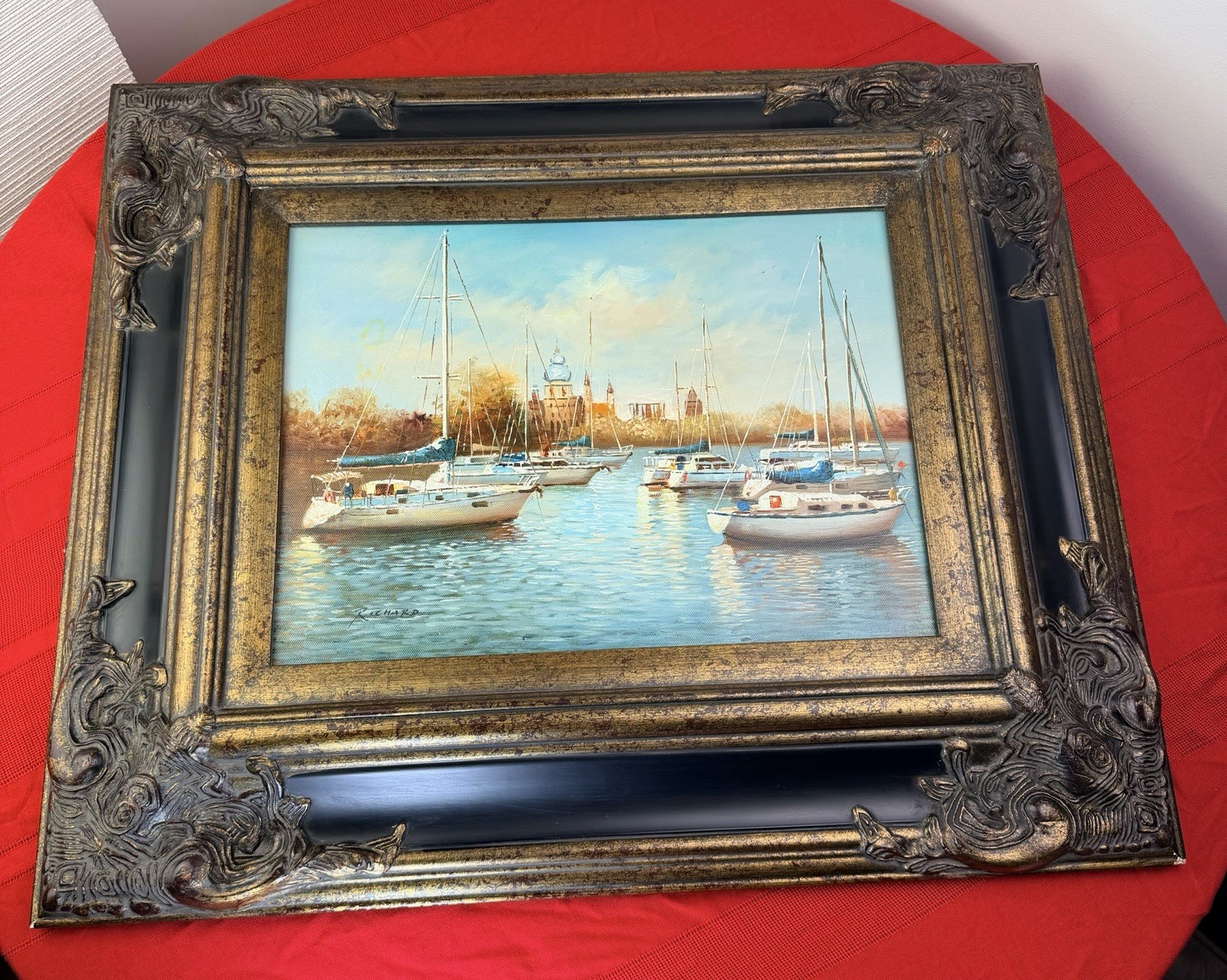 Original Sailing Ship Harbor Oil Painting Grand Victorian Gold Gilt Frame COA