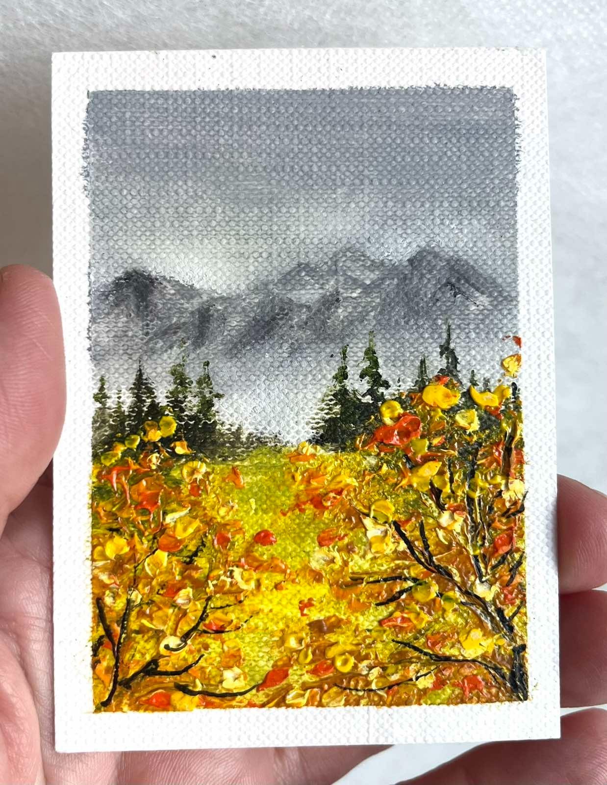 ACEO Original Oil Painting Mountain Landscape Autumn Small Art 2.5 x 3.5 in