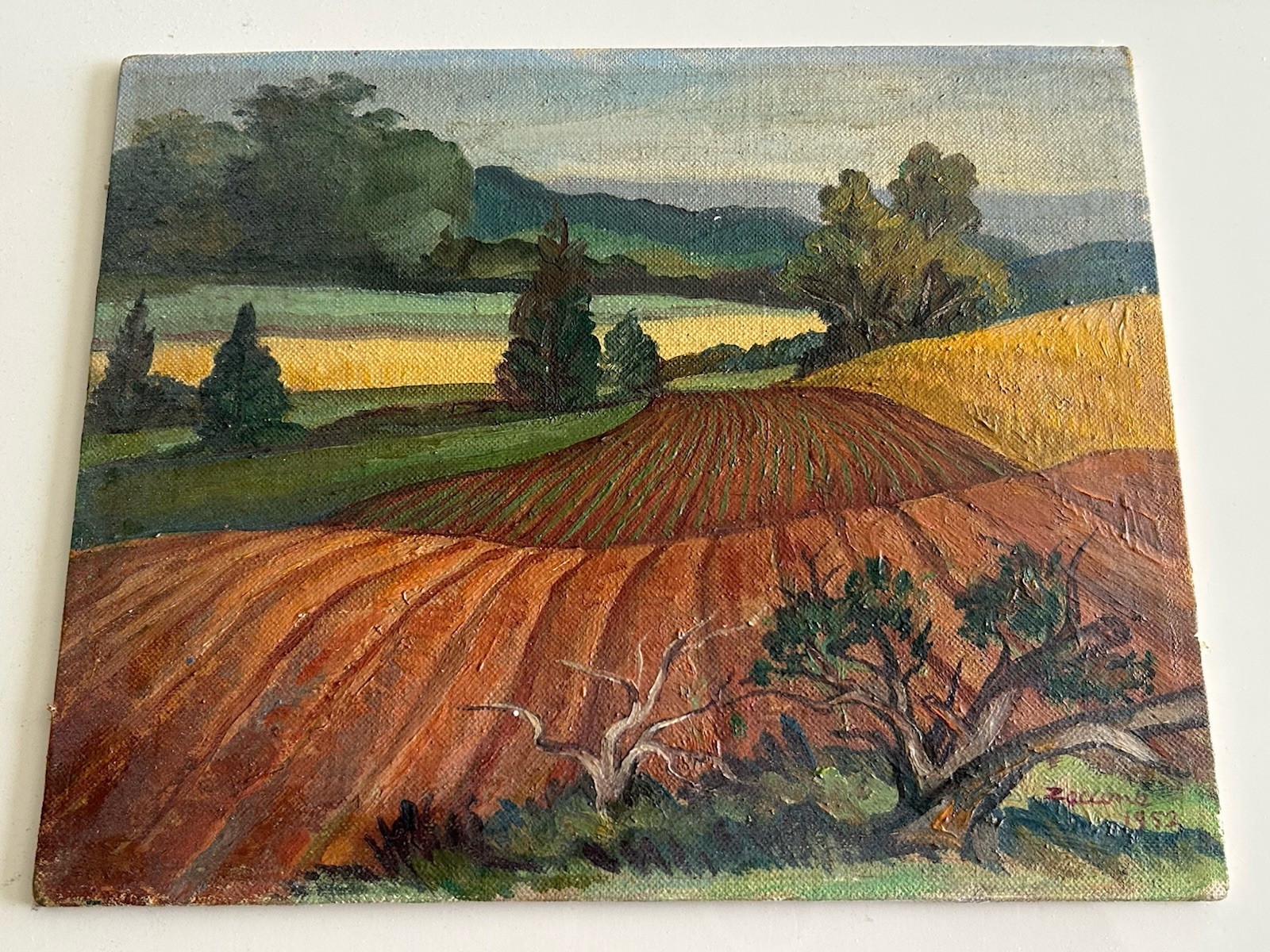 Vintage Landscape Oil Painting Miniature on Board Artist Signed 1952