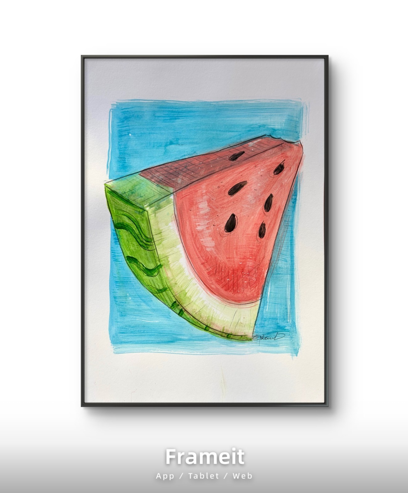 Blue Watermelon Painting By Alannah Dyer- Acrylic 9×12 in Beautiful Food Trendy