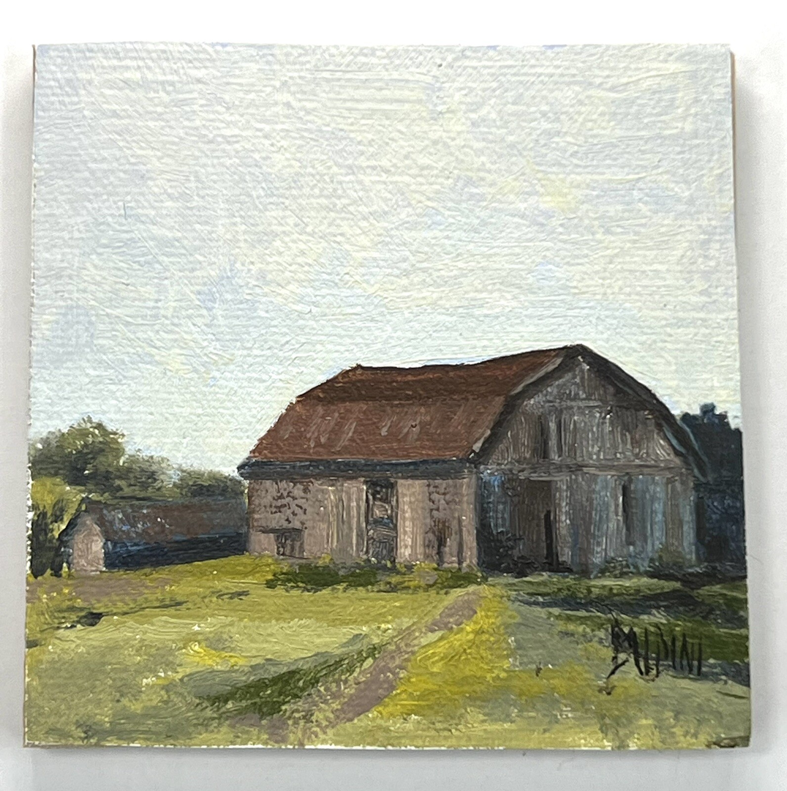 J R Baldini Oil on Canvas Plein Air Painting Barn 3×3” Miniature Fine Art Farm