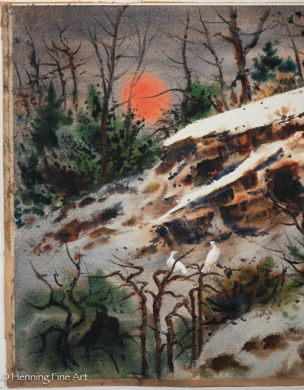 Beautiful Vintage Winter Snowscape at Sunset with Doves by Arthur Barbour, FINE!
