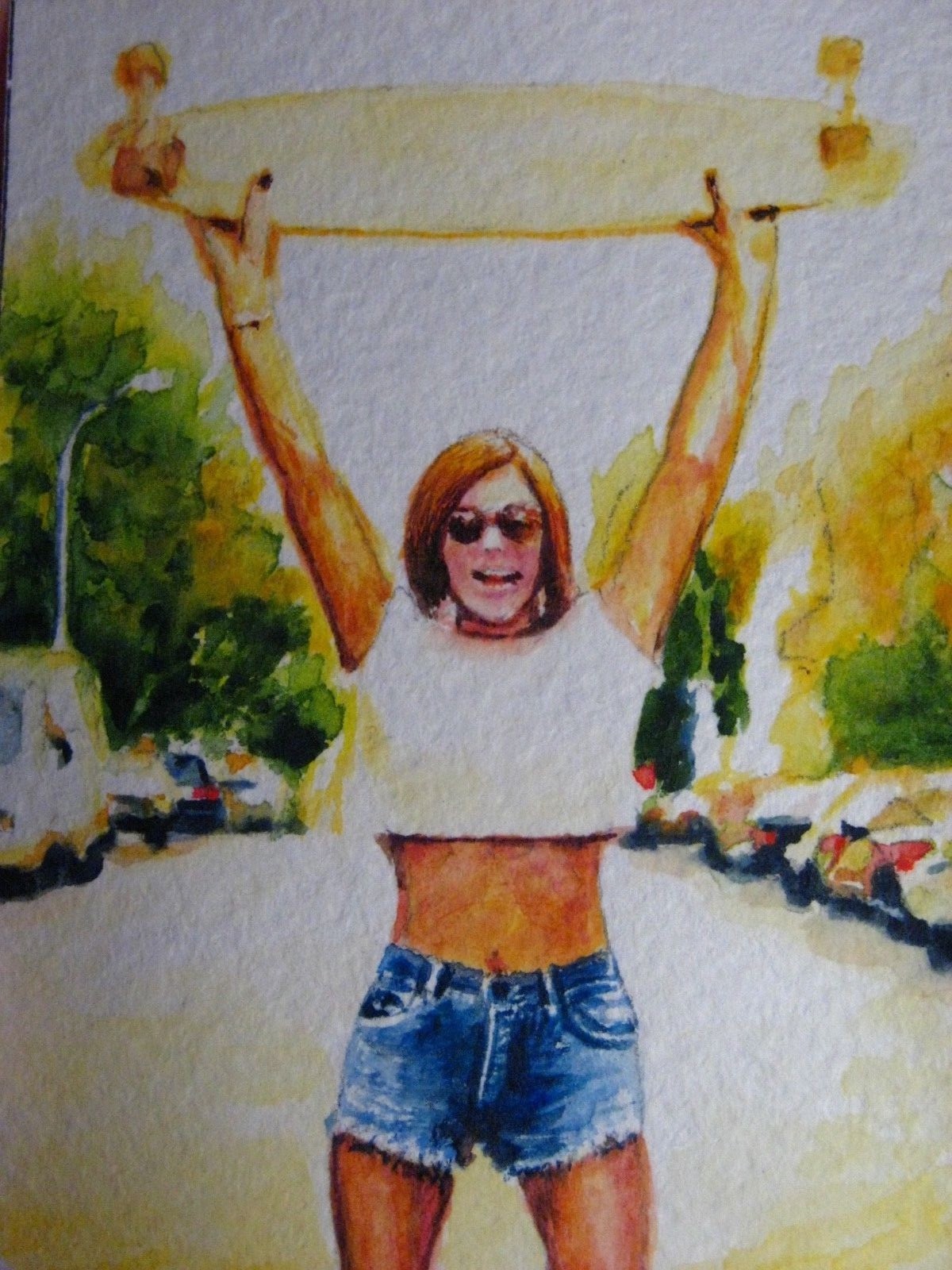 Watercolor Painting Girl Skateboard Sport Street City Nature ACEO Art