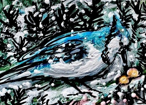 ORIGINAL ACEO PAINTING Eastern BLUE JAY Winter Blue BIRD Snow Animal Nature ART