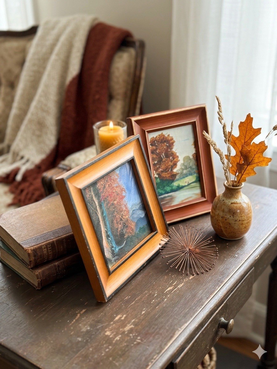 Pair of Vintage Landscape Acrylic Paintings – Autumn Fall Foliage – Wood Frames
