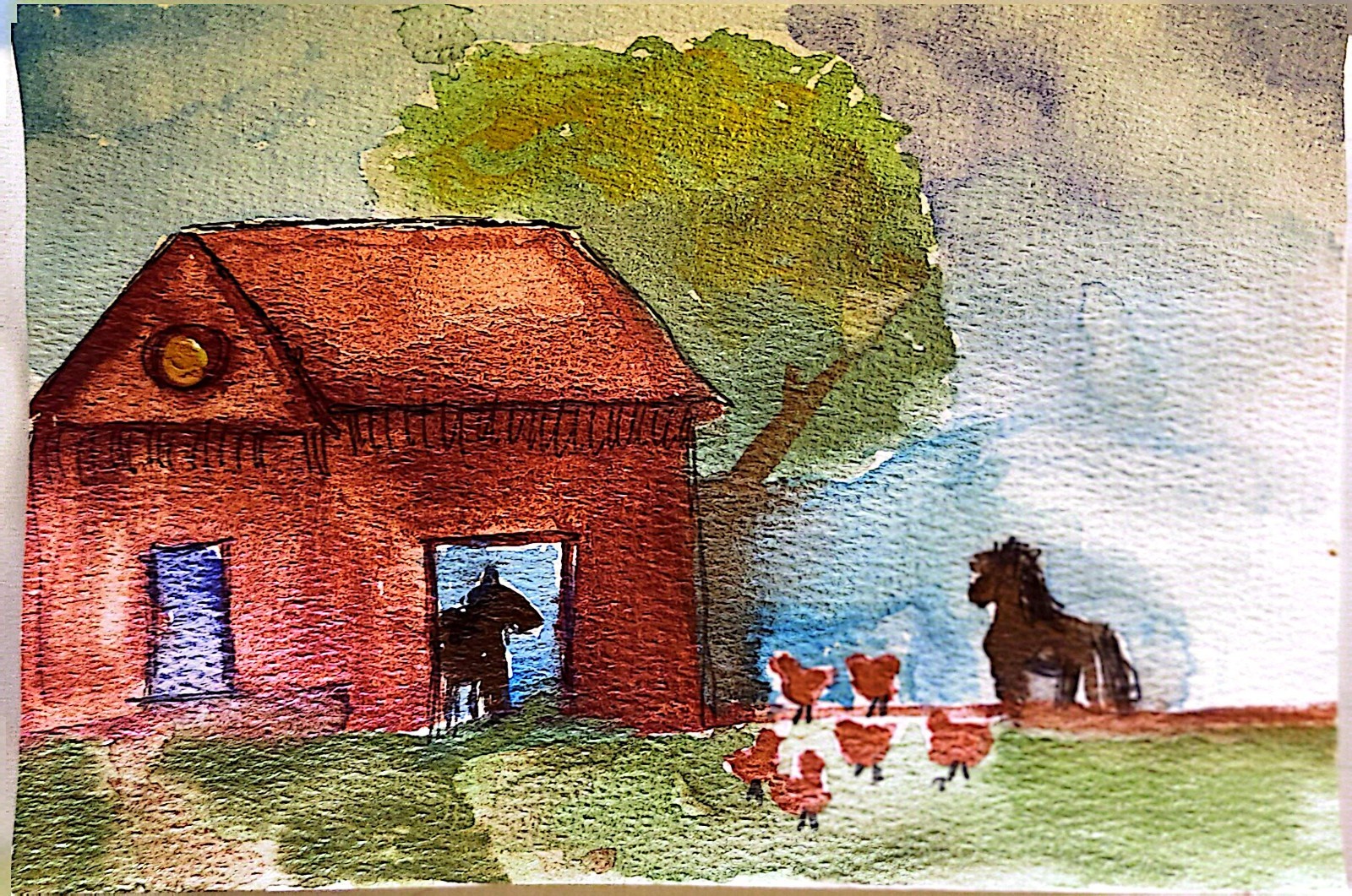 Horse Barn With Chickens Contemporary Expressionist Original Watercolor 5×7