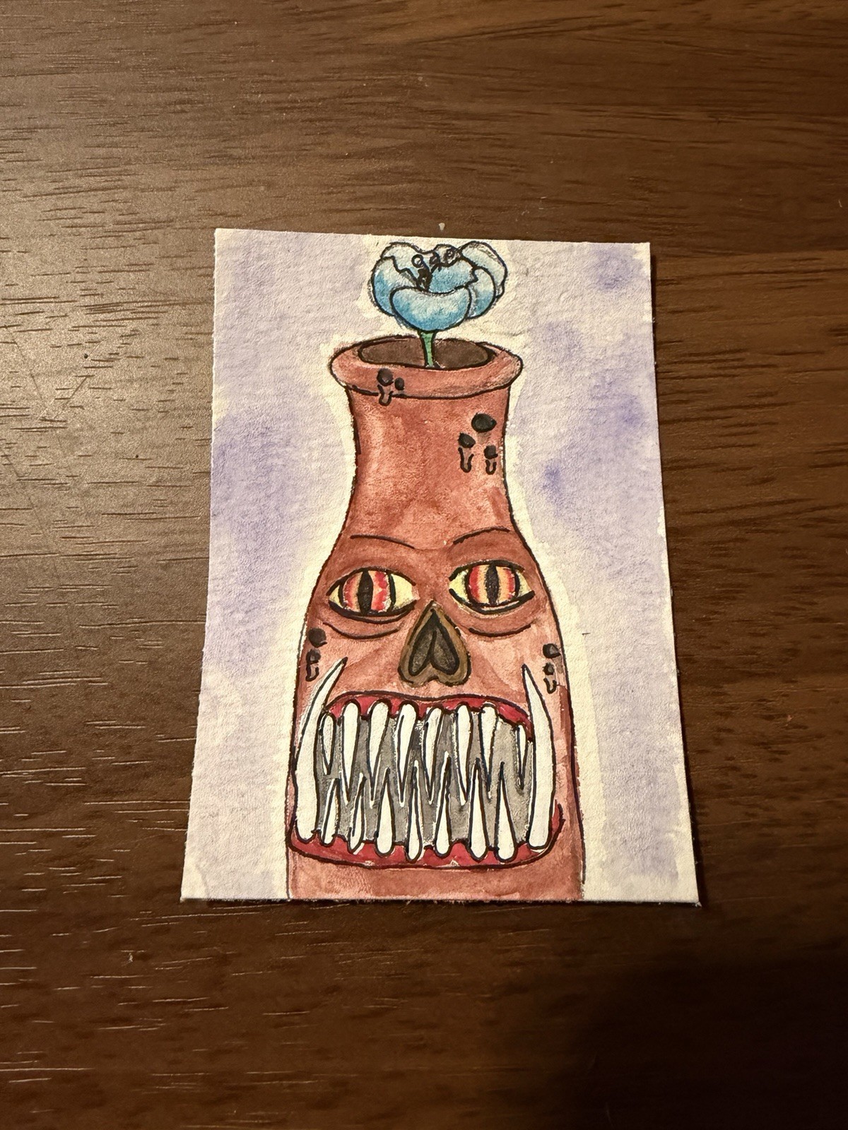 Aceo Art Card, Original Watercolor, Painting Of A Monster￼ Vase