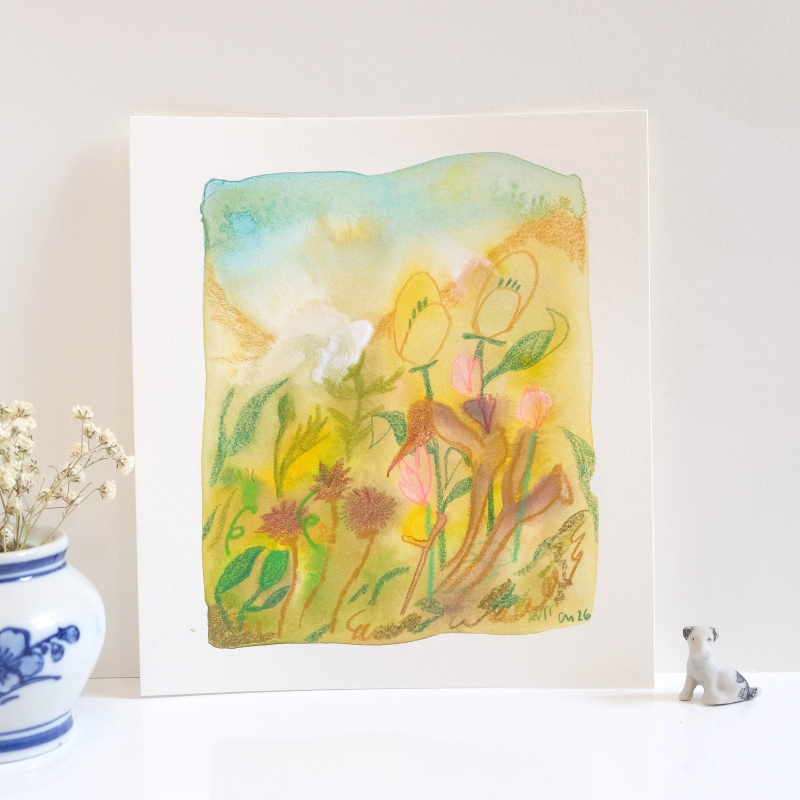 Wild Landscape #2 Gouache Pink Floral Mountain Landscape Painting Paper 6.25×7″
