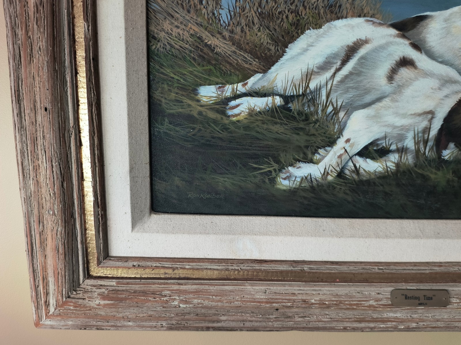 RON KLEIBER RESTING TIME Signed Acrylic Oil Painting, Hunting Dogs & Pheasants