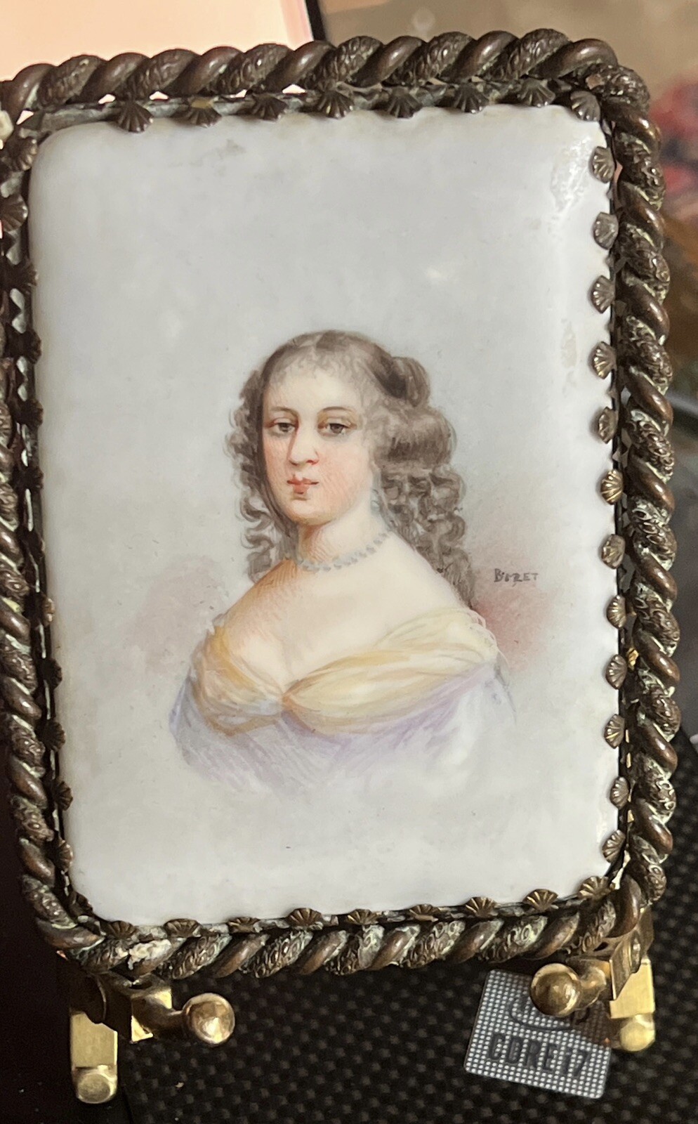 Portrait Painting on Porcelain Plaque European Woman on Brass Easel Signed Bizet