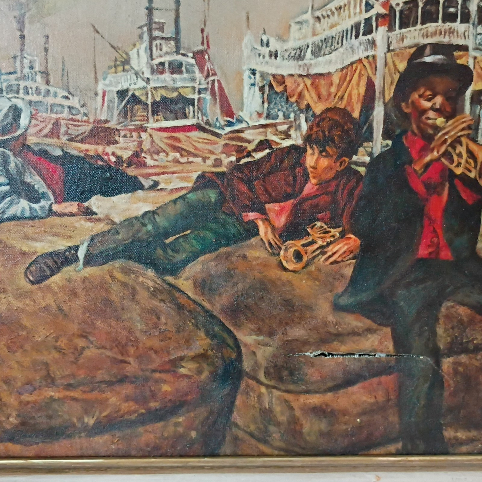 R. Louis Realism Canvas Painting Jazz Musicians People Theme Signed Framed