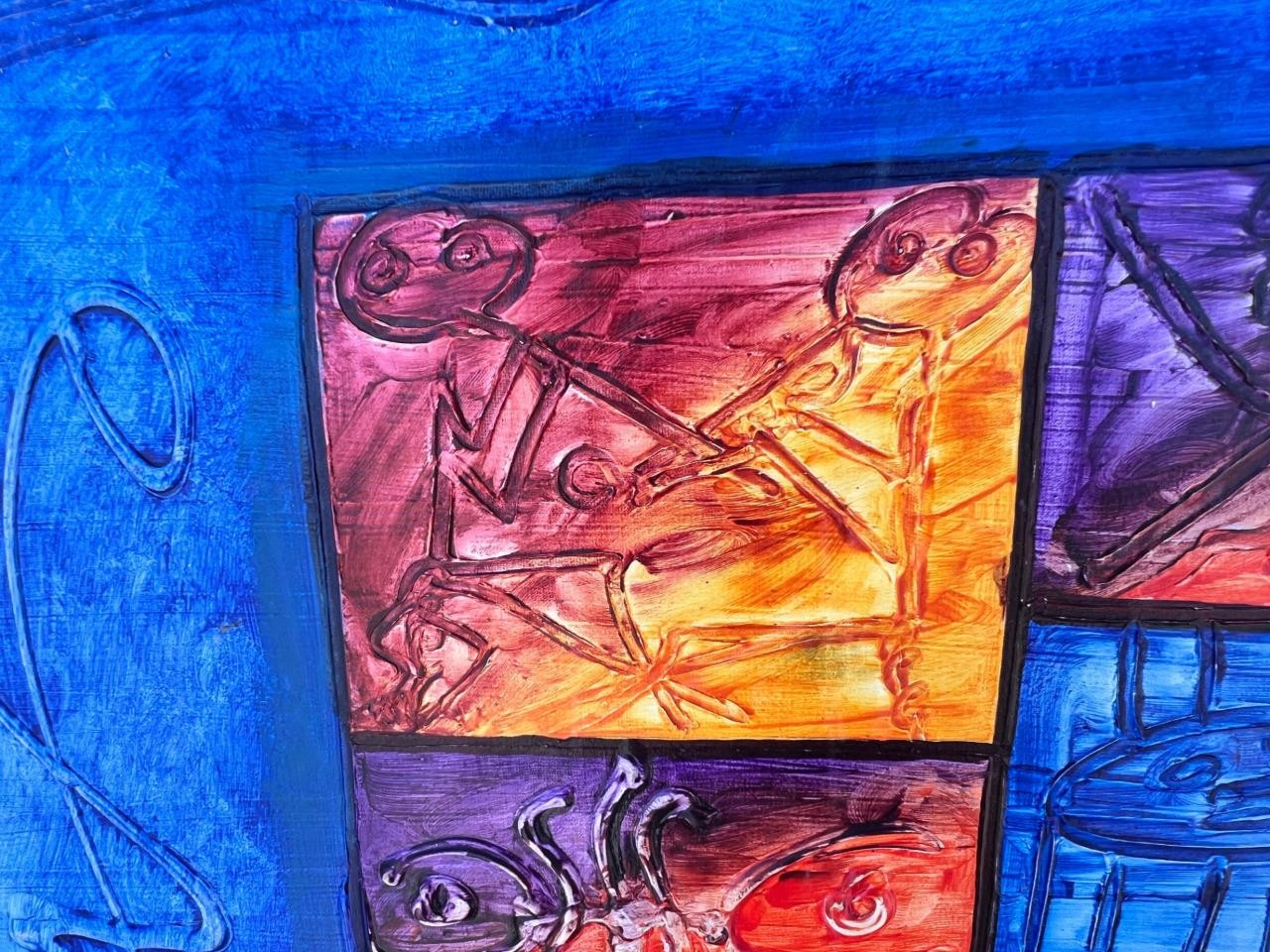 Original Coloful Mosaic Mixed Media Art Acrylic or Oil Painting Signed Rosena
