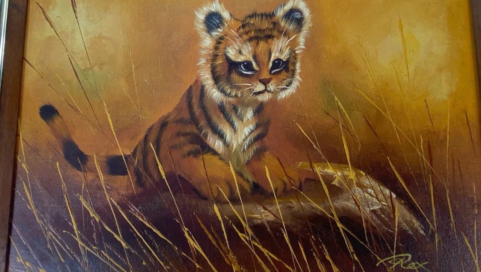 Vtg Baby Tiger Framed Oil on Canvas Painting Signed REX VASQUEZ 17.5 x 13.5 RARE