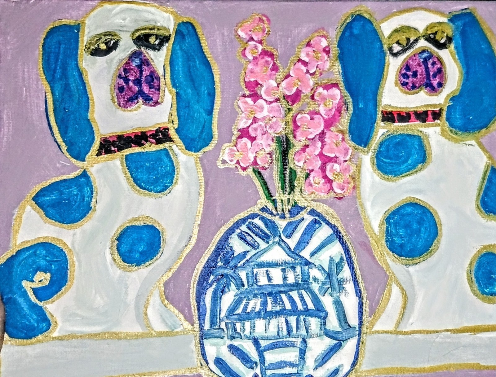 Staffordshire Dogs Blue and cherry blossoms, 9×12, original acrylic painting