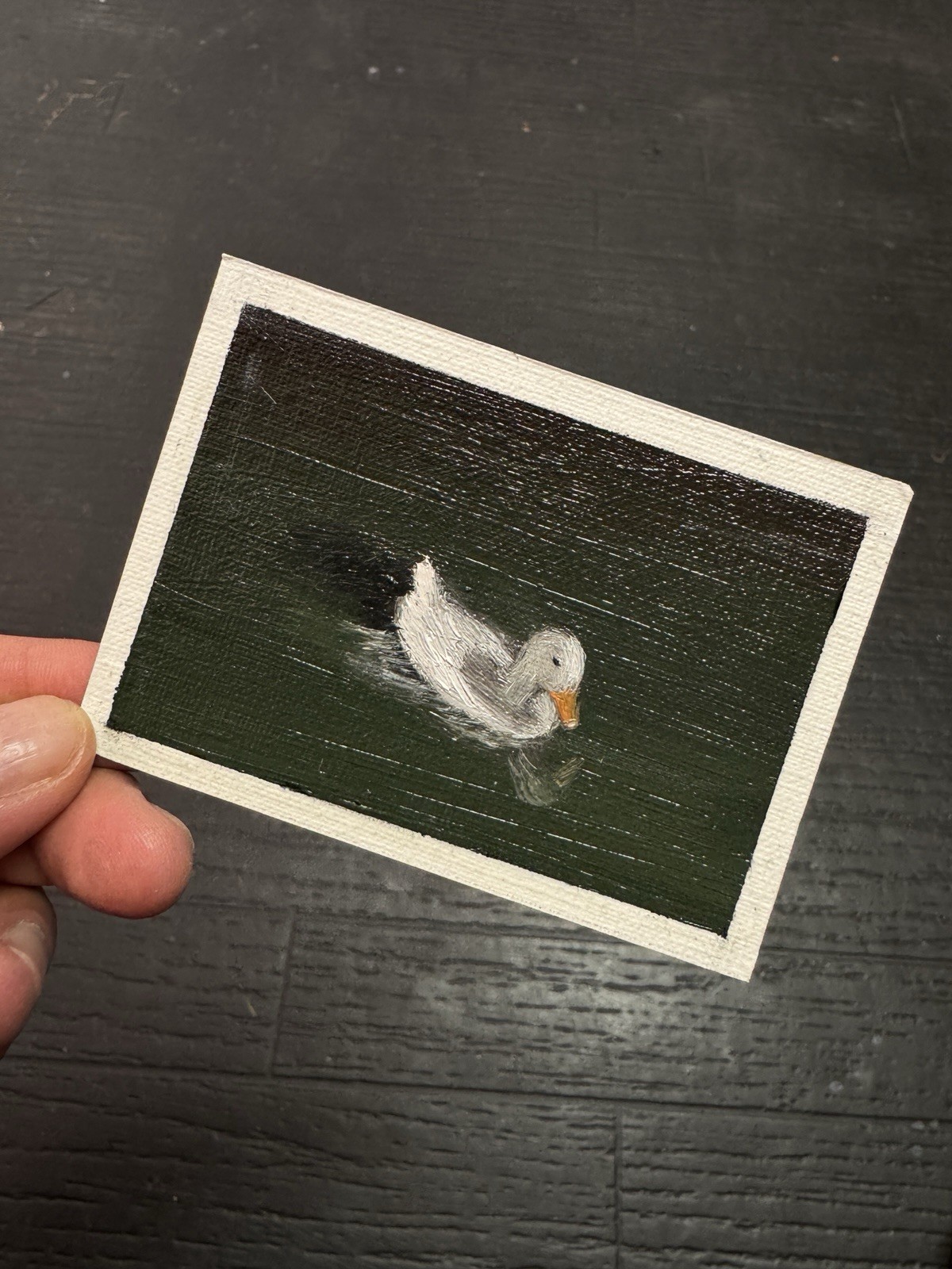 ACEO original hand painted Duck In Pond oil paint art card 2.5”x3.5”