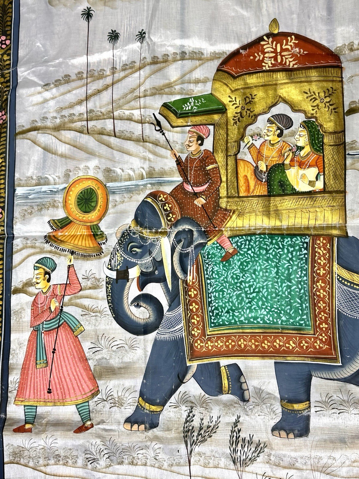 Large Vintage Indian Silk Painting: Royal Procession with Elephant 31×41