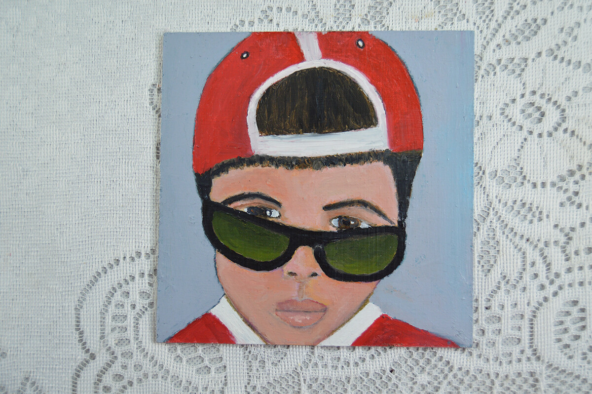 Boy Baseball Player Portrait Painting Cap & Sunglasses Playful Sports Art