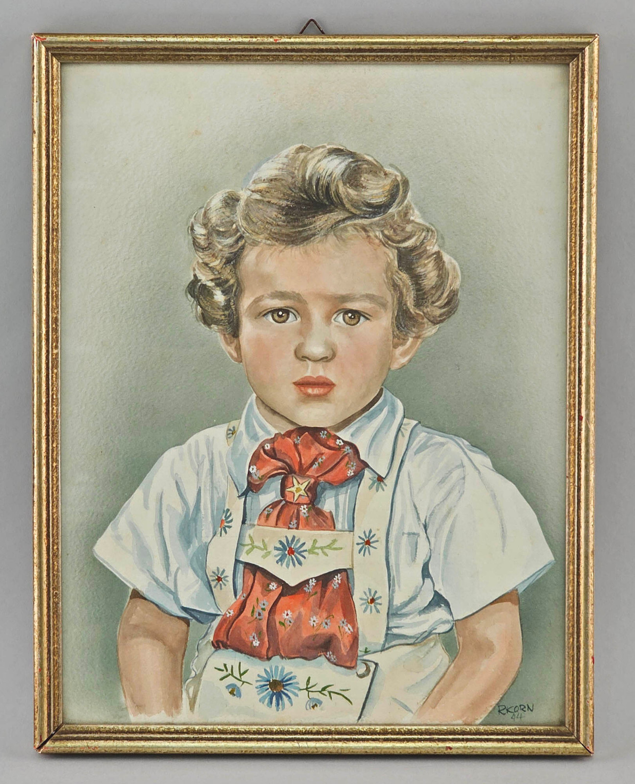 99860269-d Watercolour Portrait Boy Child Signed Grain 1944 Framed 16 7/8x13in