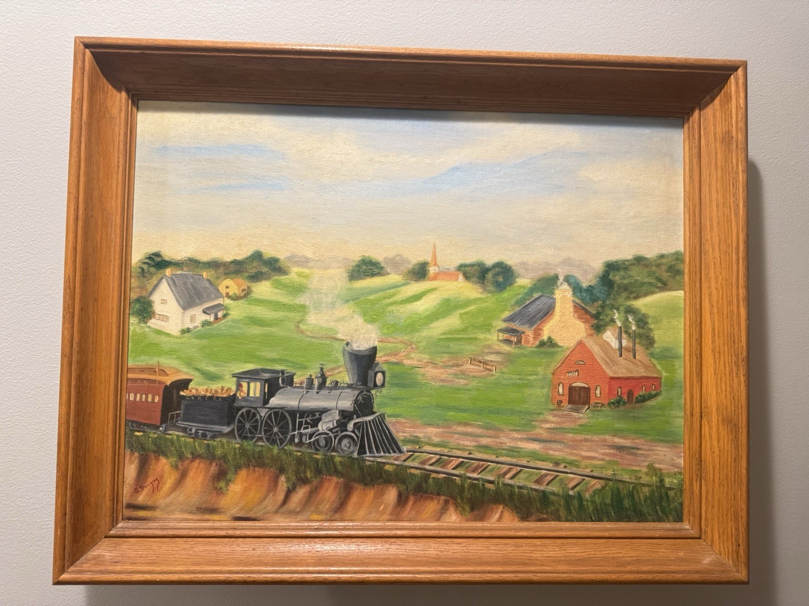Vtg Oil On Board Painting: Steam Train Landscape “S.Benzing” 24” W x 18” H ***