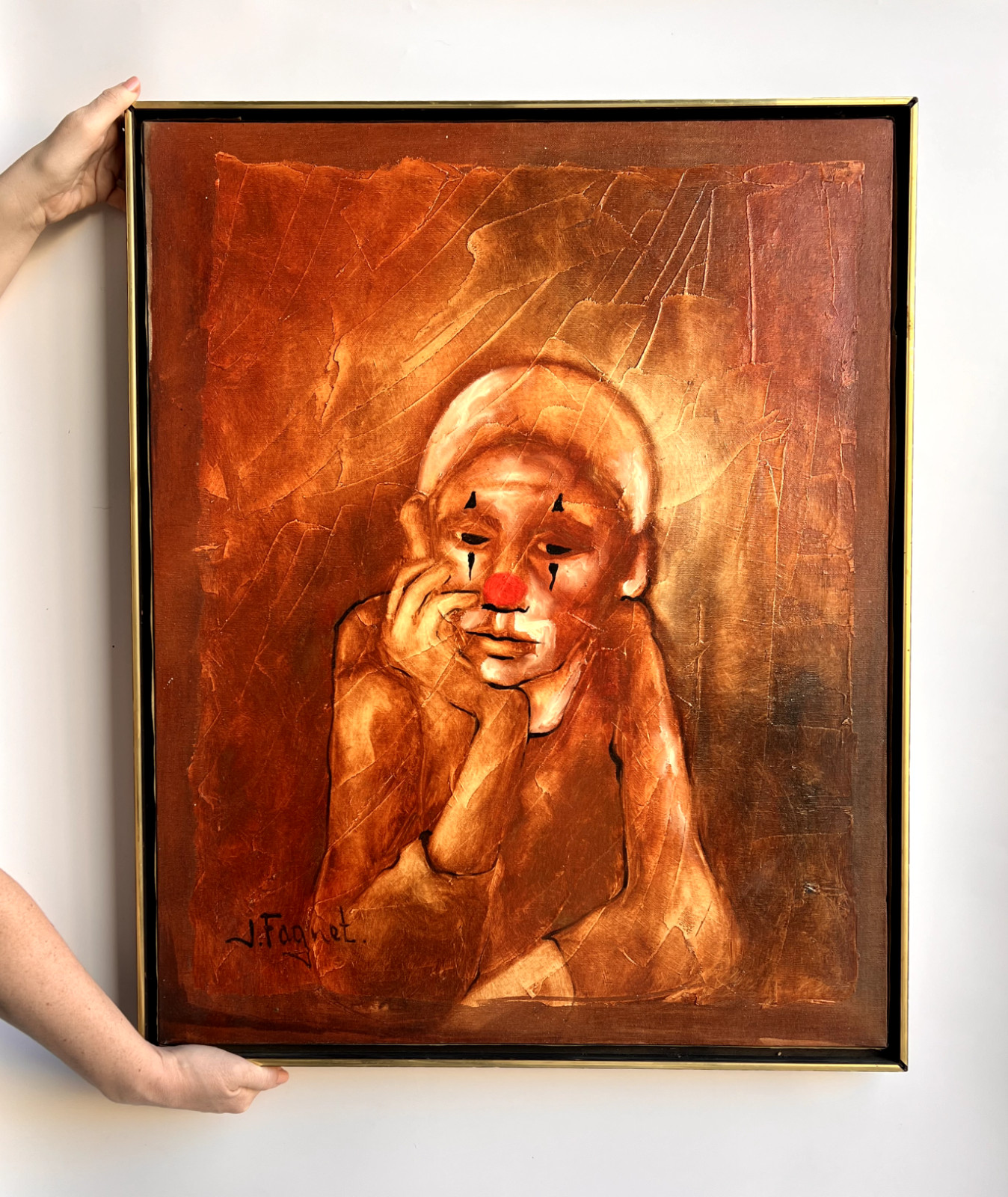 Josette Faguet Original Oil Painting Sad Clown Signed Vtg Framed Art J. Faguet