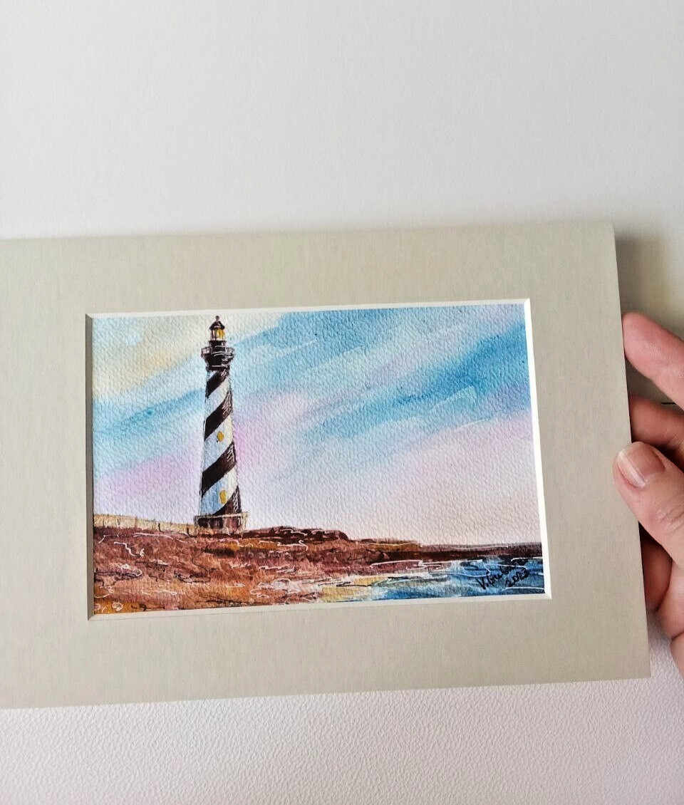 A watercolor painting Cape Hatteras Lighthouse North Carolina seascape 6×8.5 in