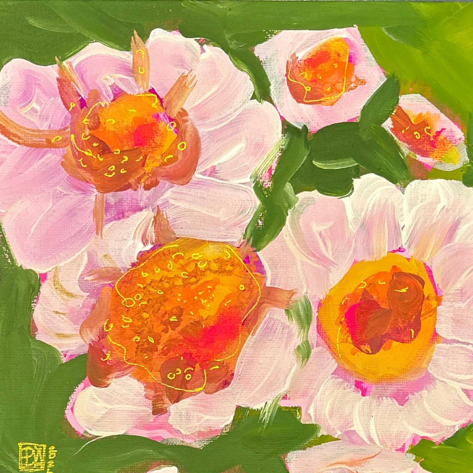 Zinnia whimsy Original Painting 20x20cm Canvas Tasmanian Art Bruny Island