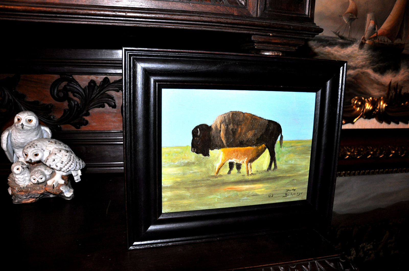 Vintage Original Buffalo with calf Painting By well known Artist