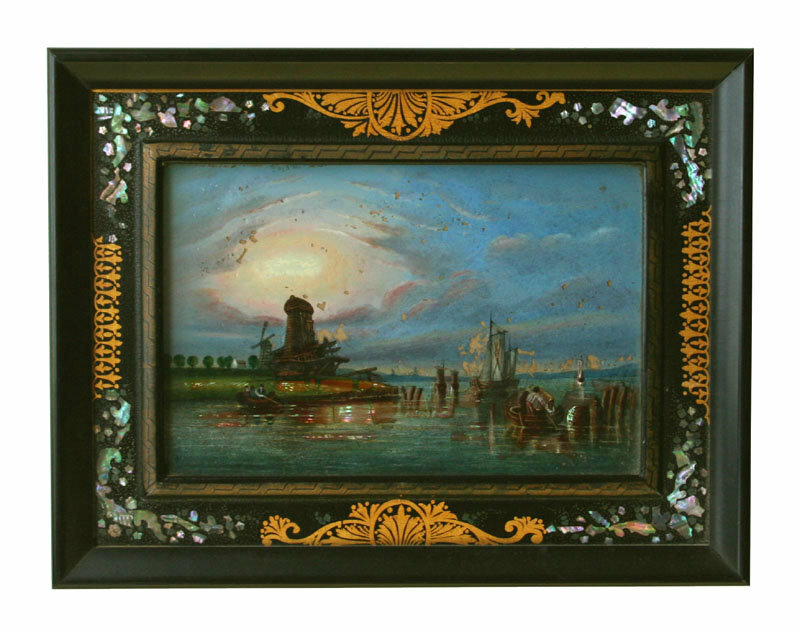 A Dutch Coastal Scene. Original Frame, Reverse Painting on Glass, 19th Century