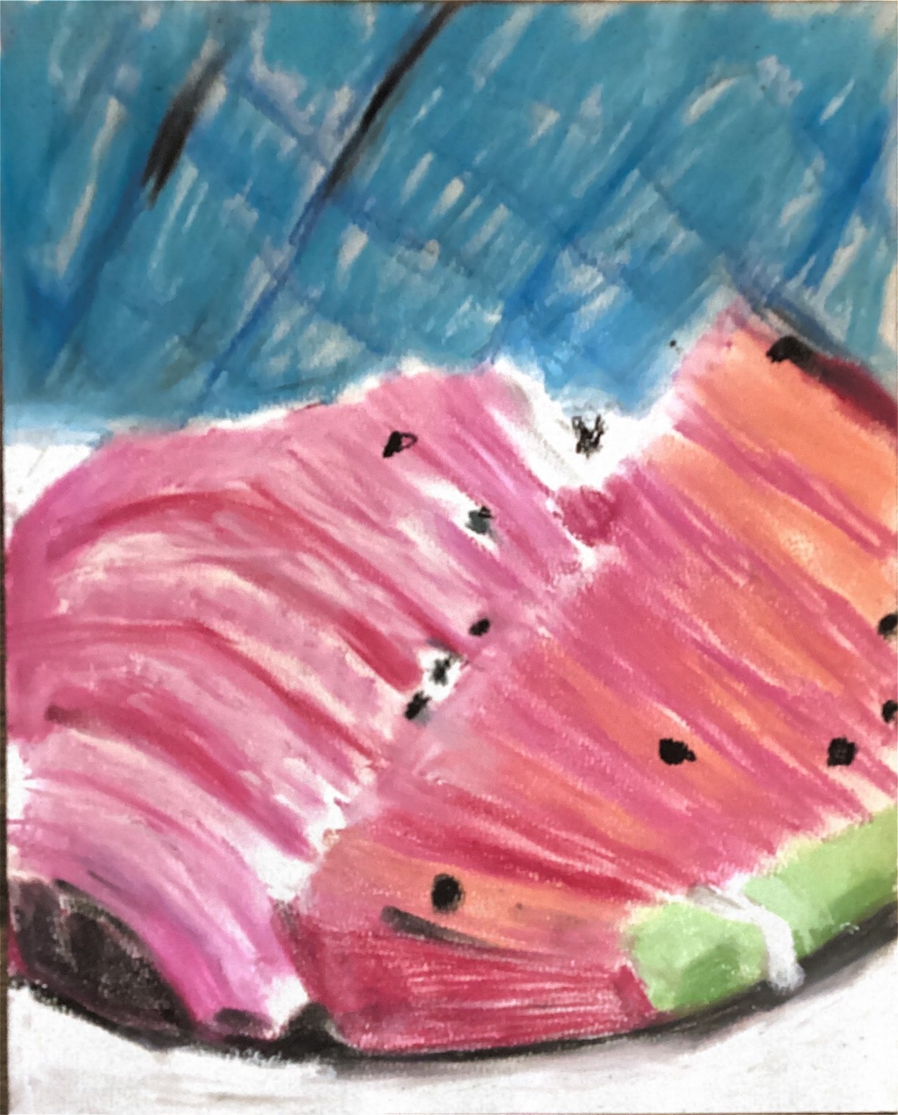 Summer Watermelon Blue Red Textured Food Color Dinner Original Art 11×14 Paper