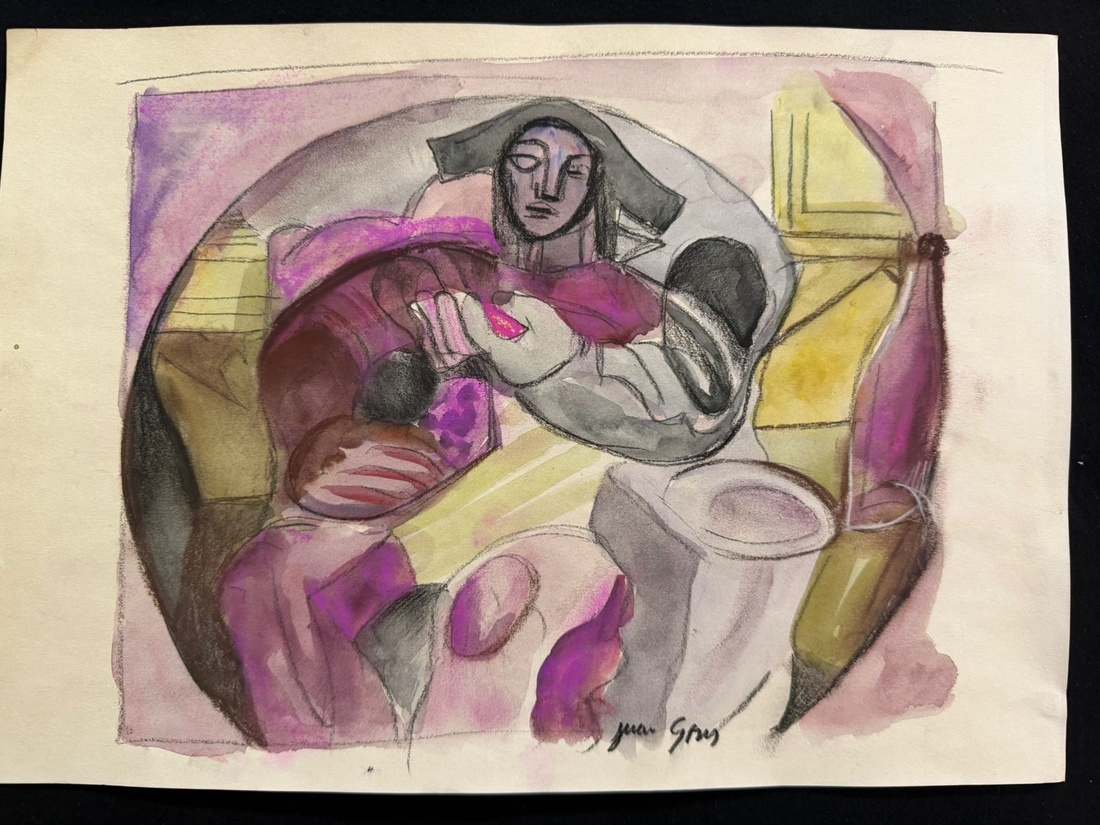 Juan Gris painting drawing on old paper signed stamped