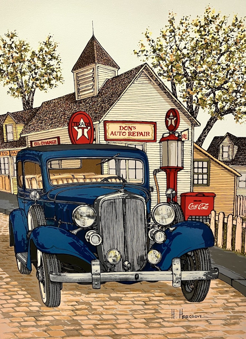 H Hargrove 12×16 Canvas Texaco Gas 18¢ Coca Cola Dons Auto Repair Oil Change Car