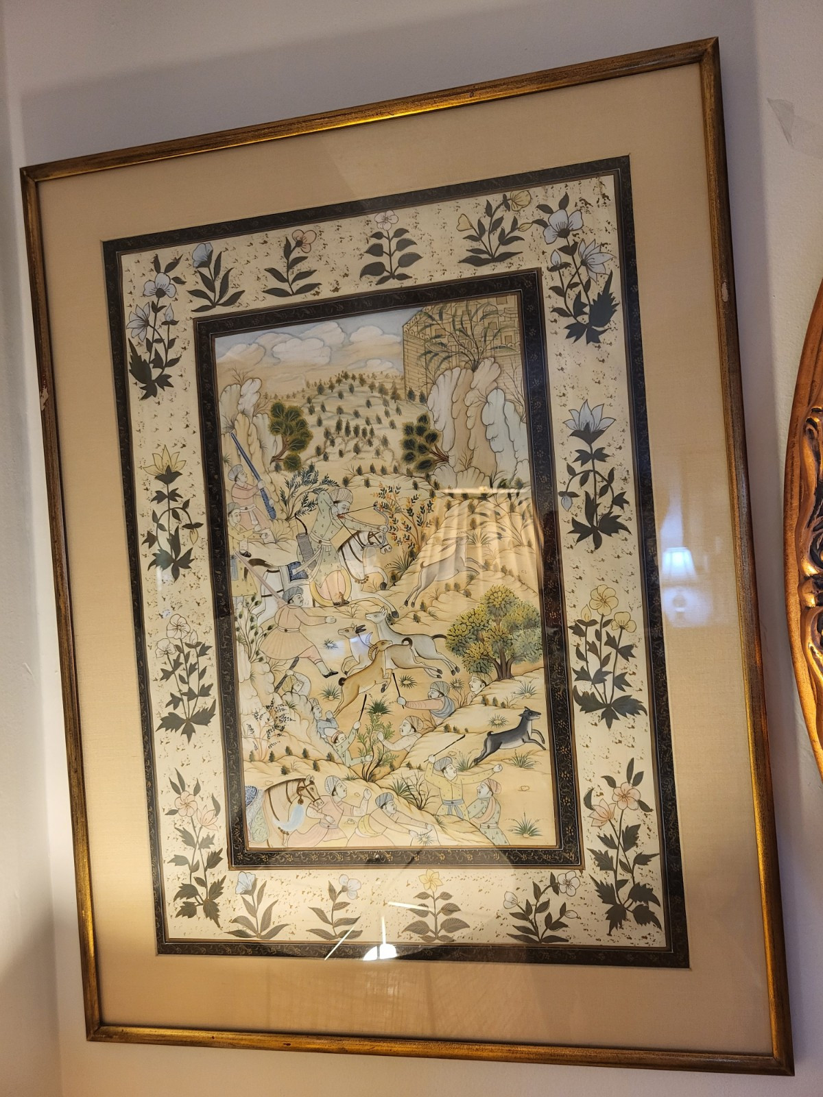 India Mughal Tiger Hunt Silk Painting Framed 25 Inch X 19 Inch