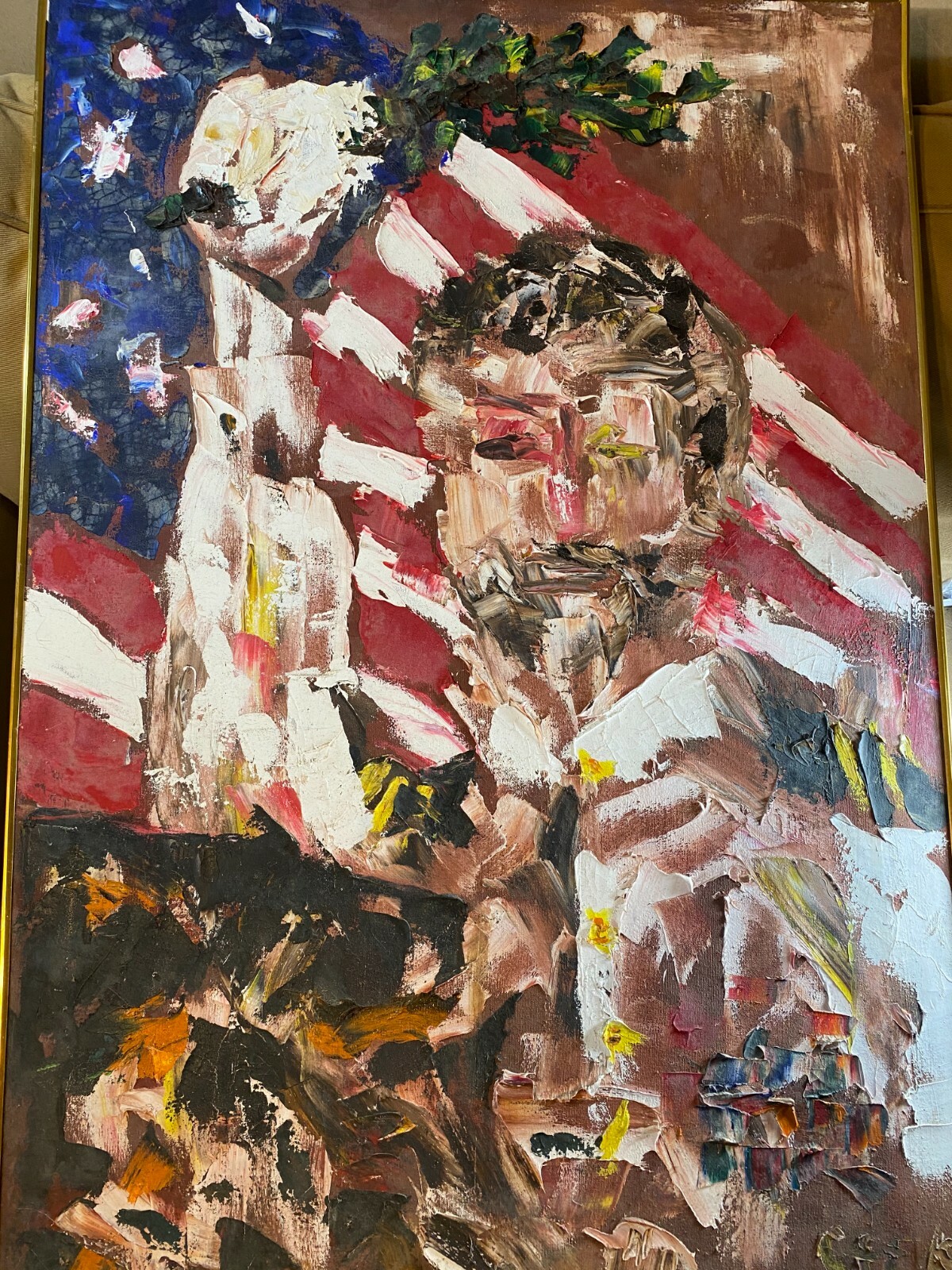 Vintage «Abstract Man With US Flag in Background» Oil Painting – Signed/ Framed