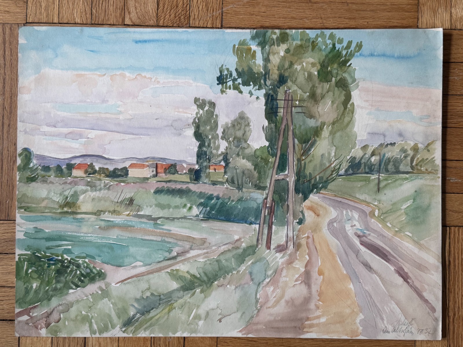 Vintage 1930s Landscape Watercolor Painting Possbly Germany 14 x 19.5 1937 OOAK
