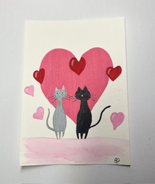 Original Acrylic Painting, Cats Kitty Hearts Love, Small Art 5″X7″