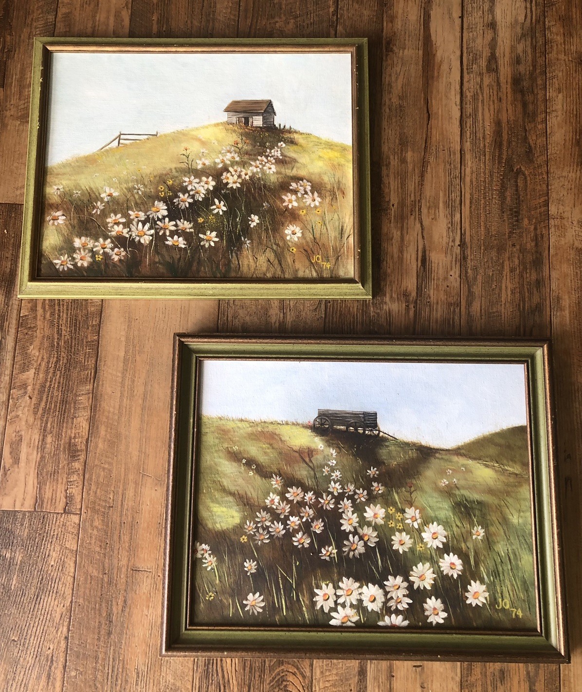1974 Still Life Country Side Painting Horse Wagon + Barn On Hill, Primitive Farm