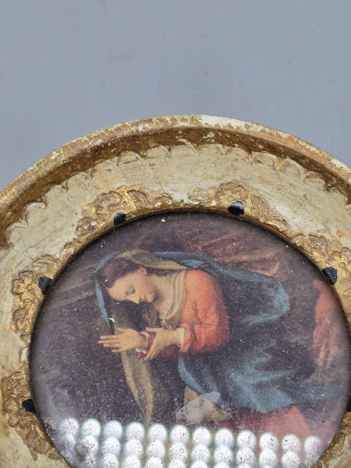 Unique Miniature Framed Art Round Small Italy Mother Mary 3″