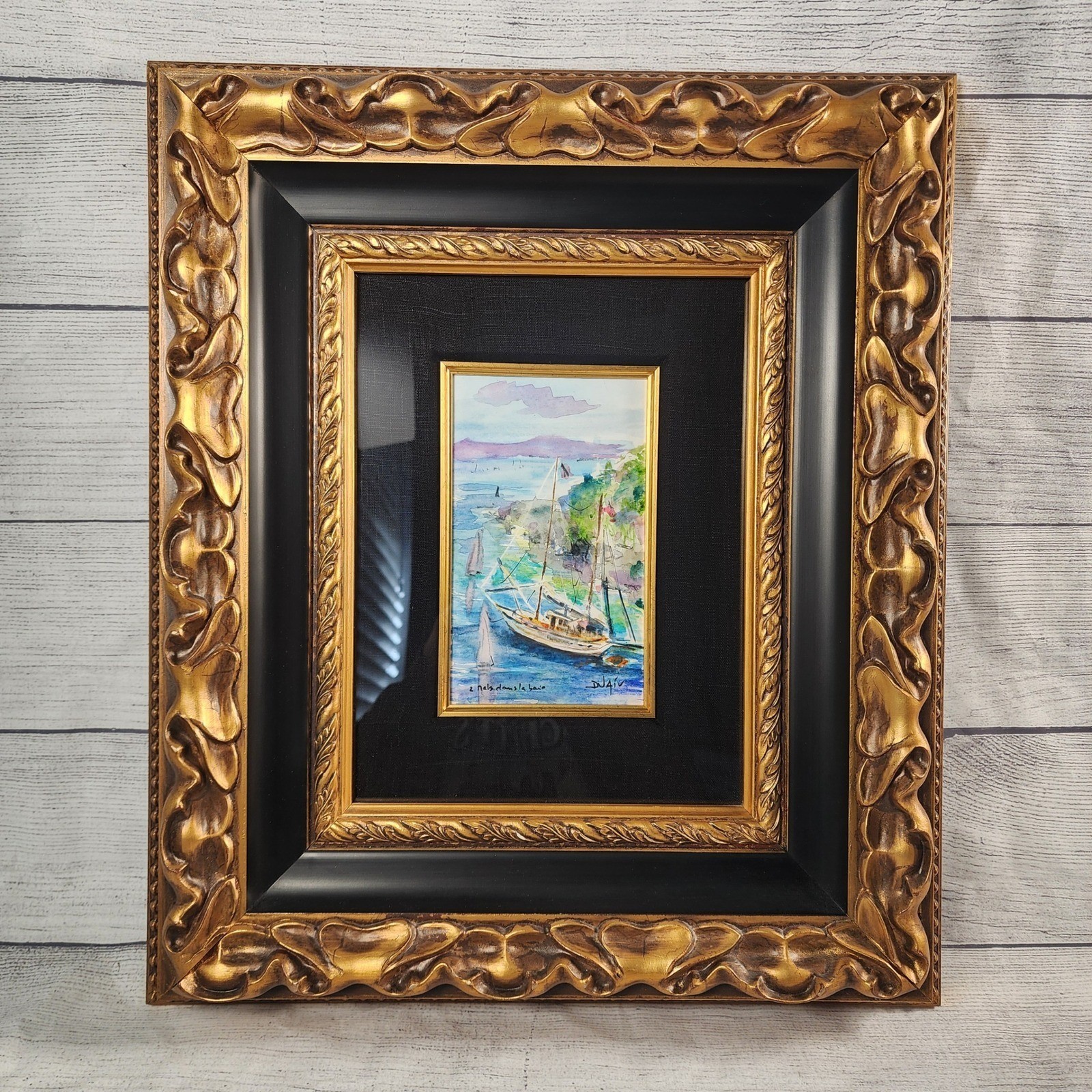 Jean-Claude Duaiv Original Watercolor Painting Sailboats Ornate Gold Frame 19×16