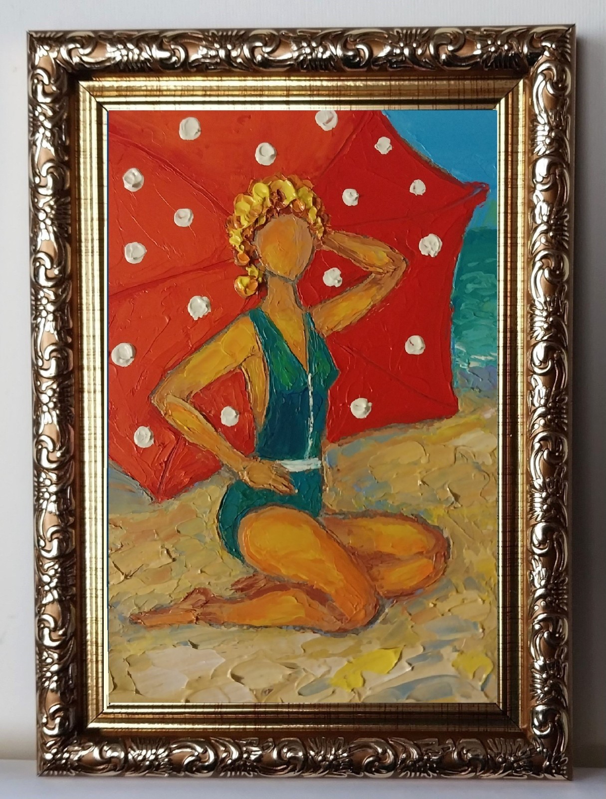 Framed Lady On Beach Woman Portrait 50s Fashion Art 4×6” Oil Painting Original