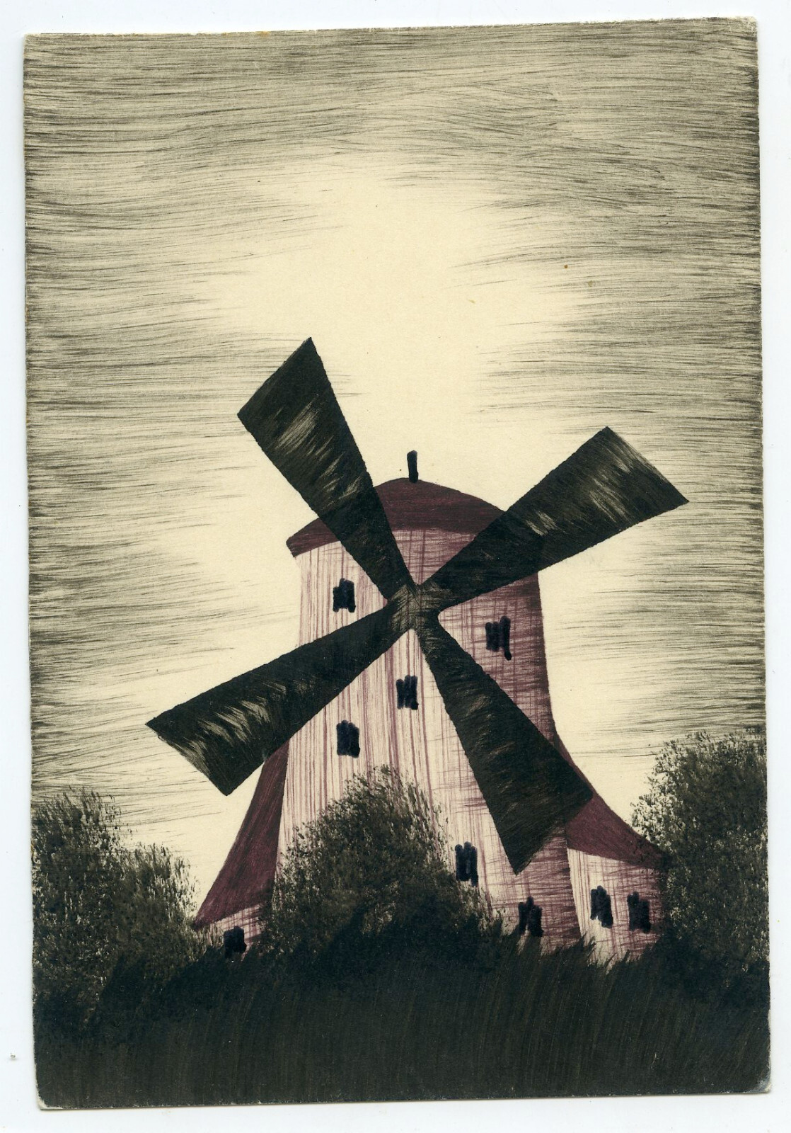 5″ Vintage Miniature Hand Painted Postcard Old Windmill Rustic Landscape