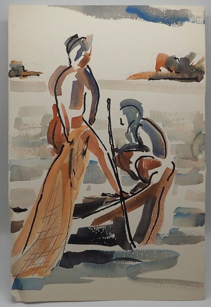 Watercolor Painting Ink Drawing on Paper Fishermen circa 1961