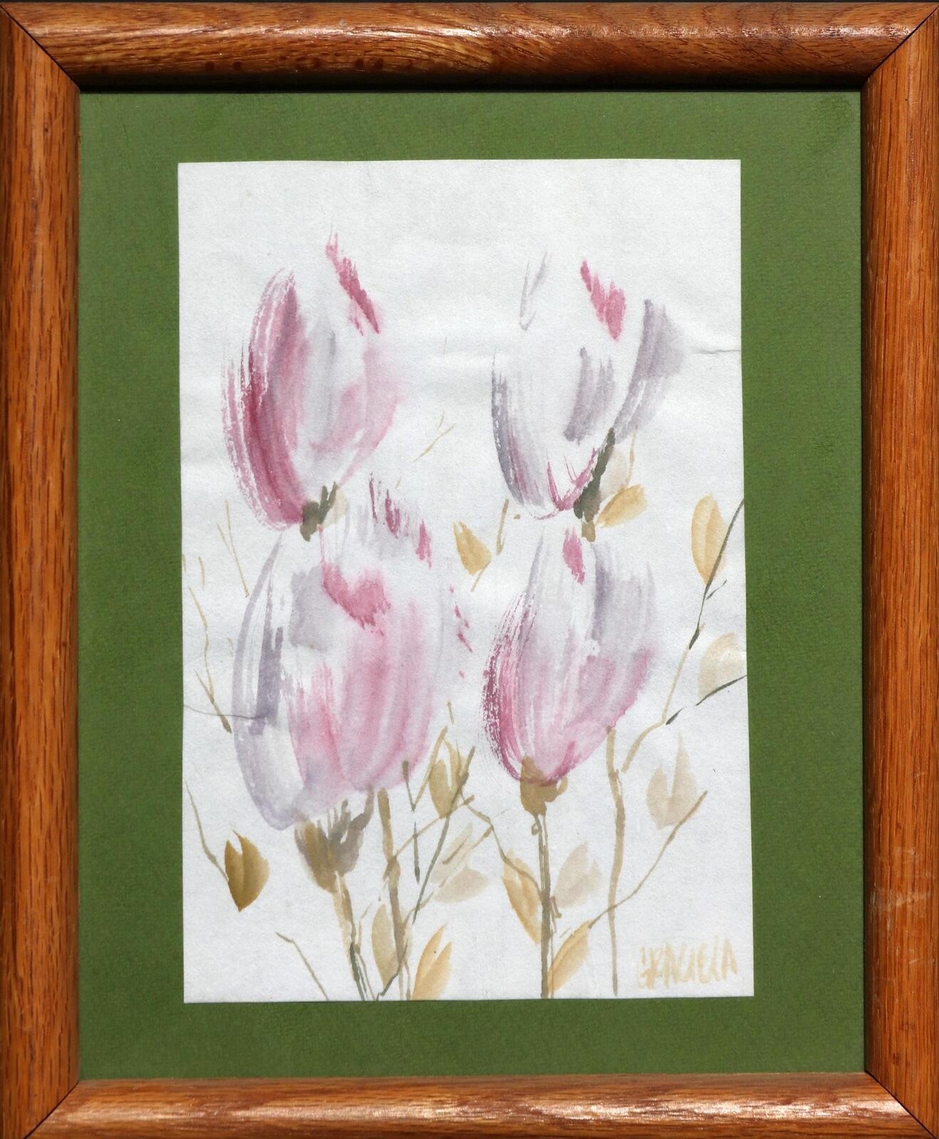 Pink Tulips original stil kife artwork floral watercolor painting flowers 9×11