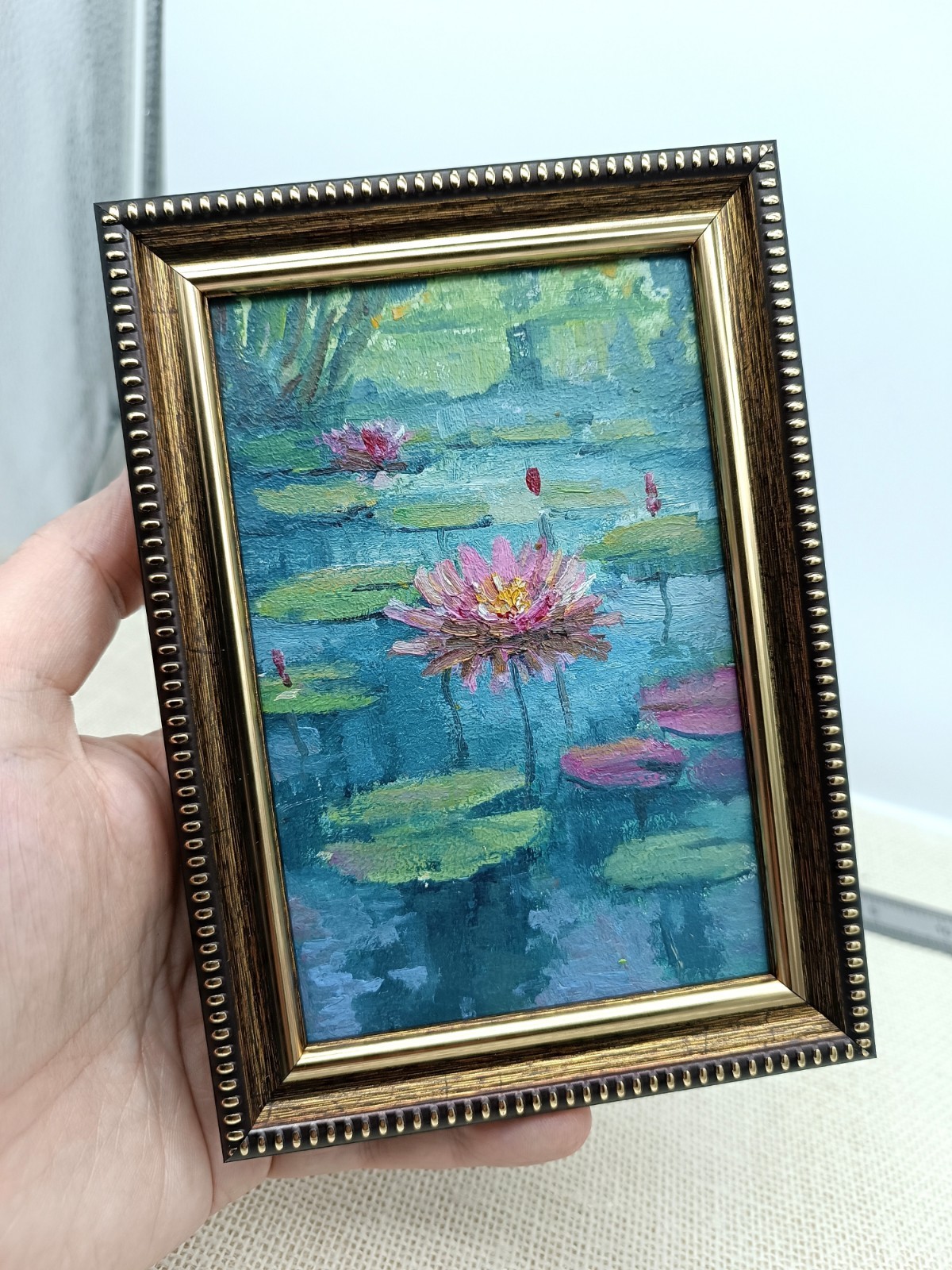 Water Lilies Original Oil Painting 6×4 Framed Signed Lotus Lake Landscape Art