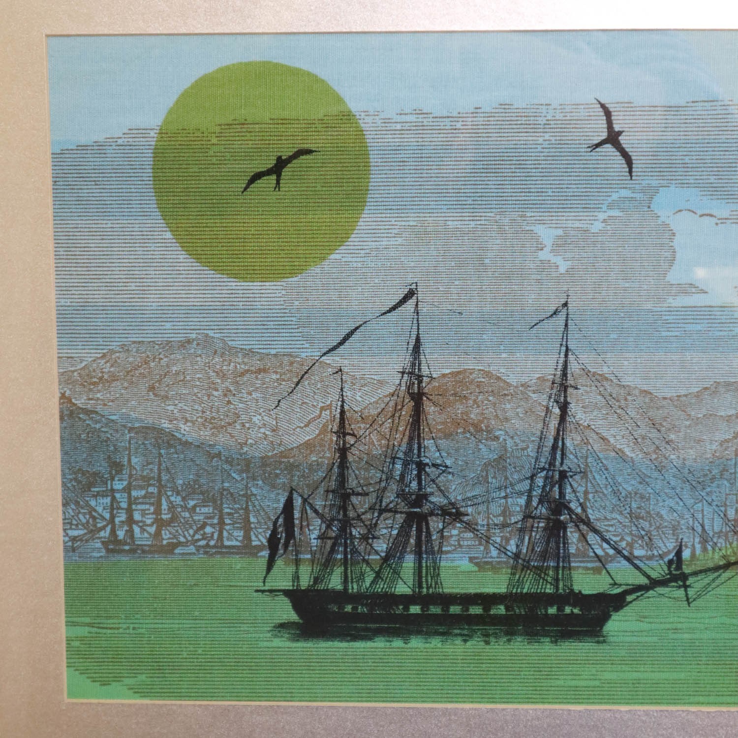 Vtg Jim Tillett Silk Screen on Fabric Framed Art Signed Clipper Ship Seascape