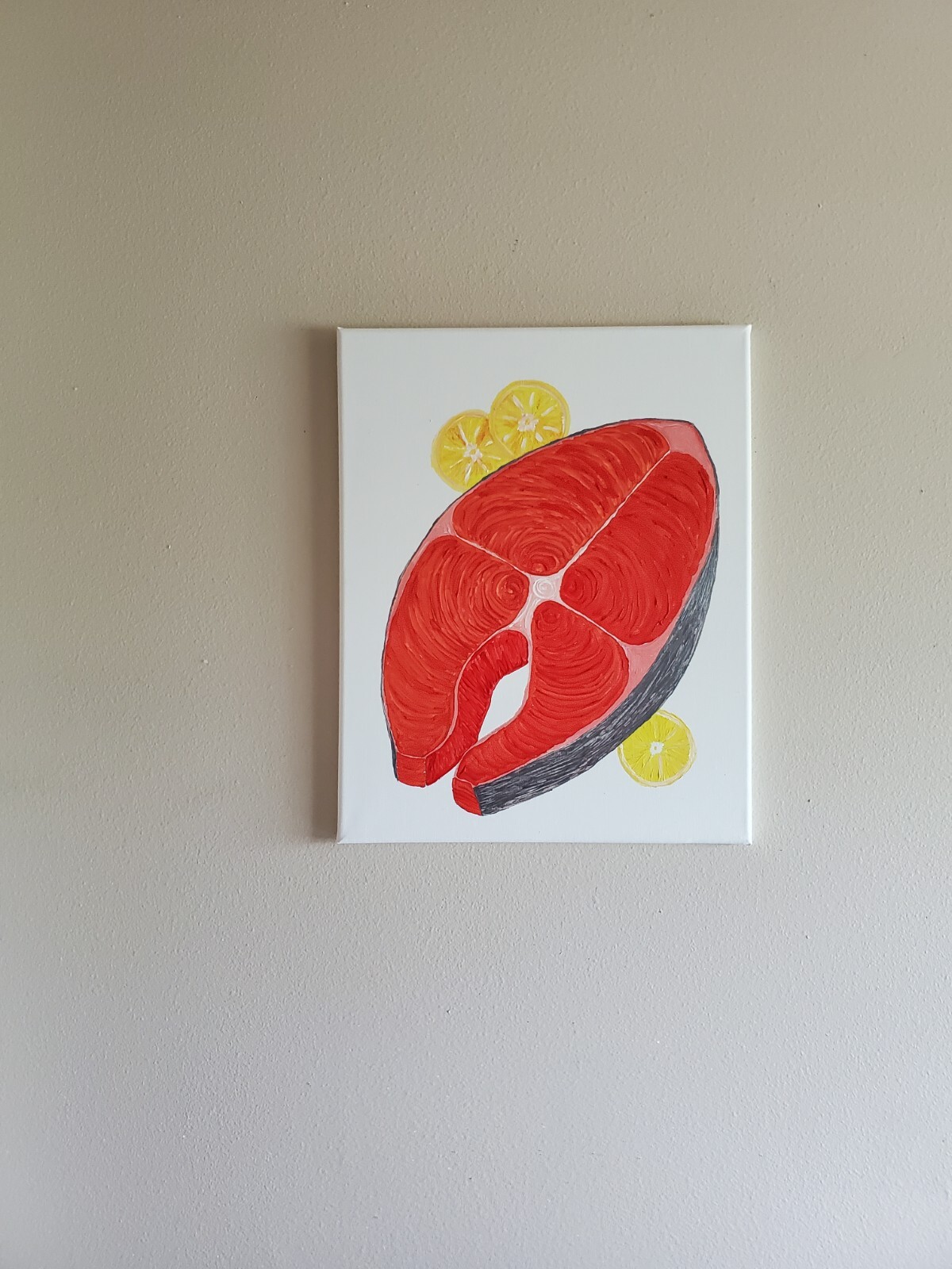 Acrylic Painting Wooden Frame 20×16 Art Decor Fish Salmon Steak Food