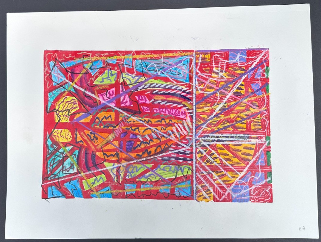 ORIGINAL ART Paul Crimi Set of 2 Paint Over Prints Red Colorful Abstract 18×24