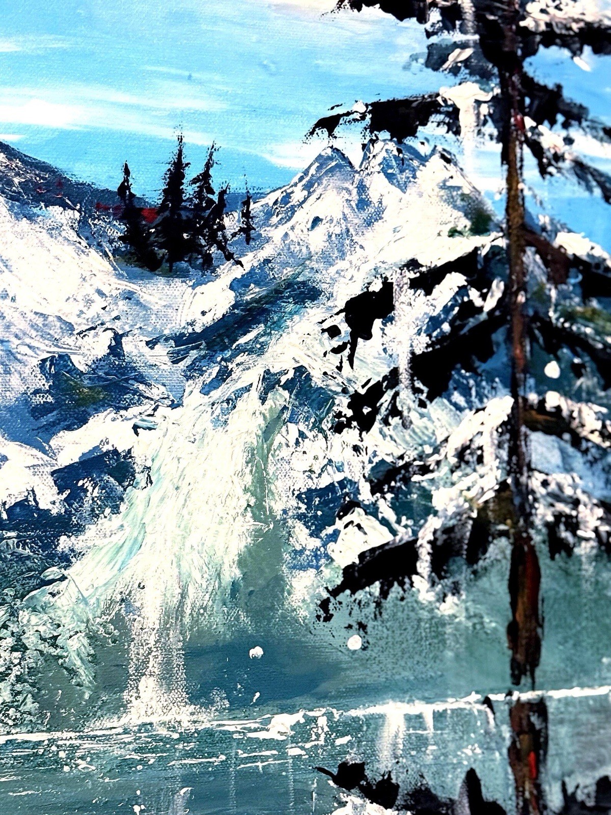 *ORIGINAL ARTWORK* Impressionist Snowy Mountain Lake Tree Canvas, Unframed