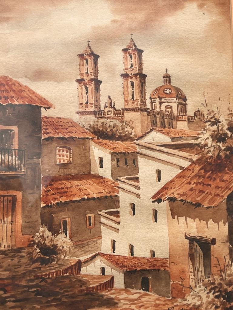 Vintage Mexico Taxco Art Landscape Watercolor Painting Signed Martinez Framed