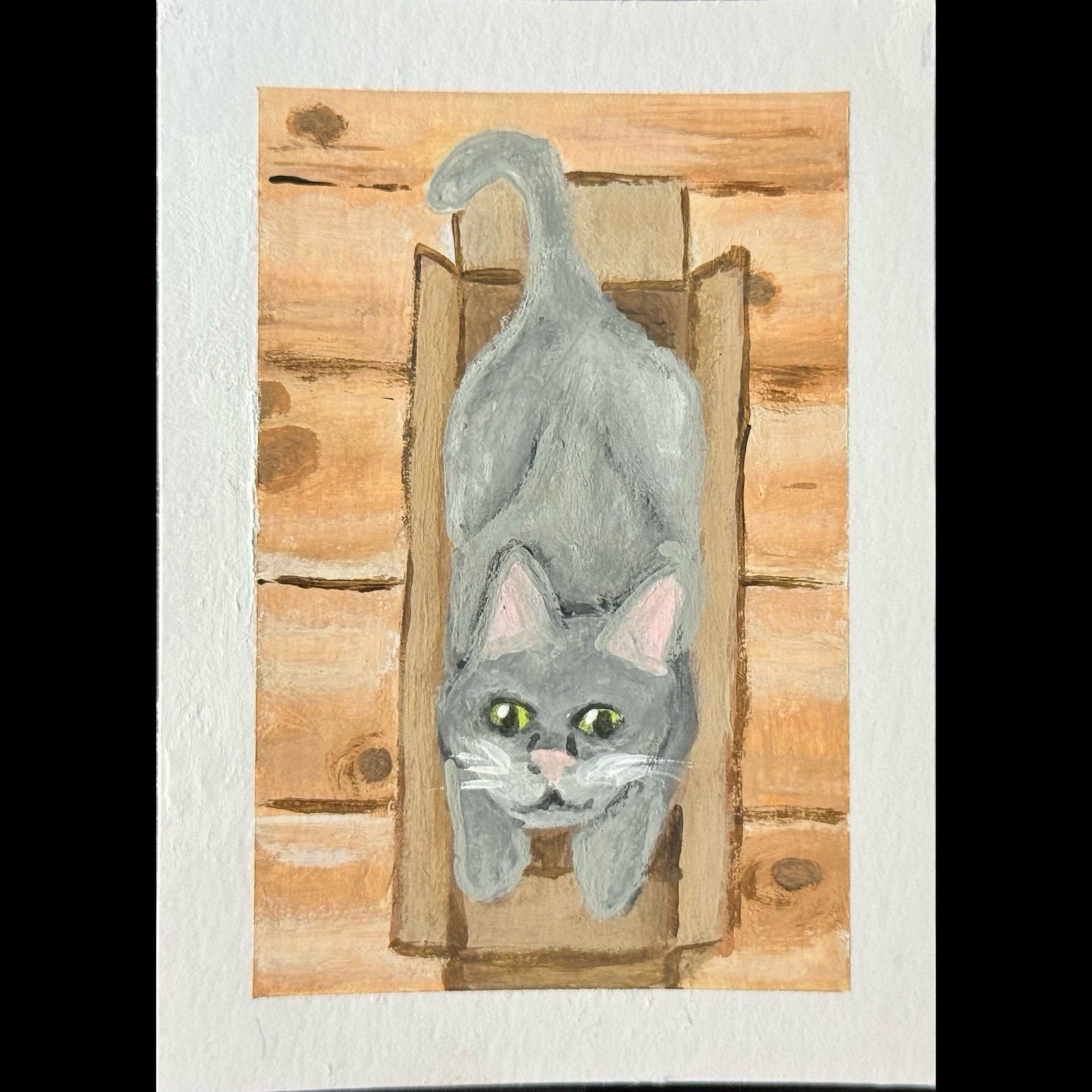 ACEO Original Acrylic 2.5×3.5 Grey Cat With Green Eyes In Box